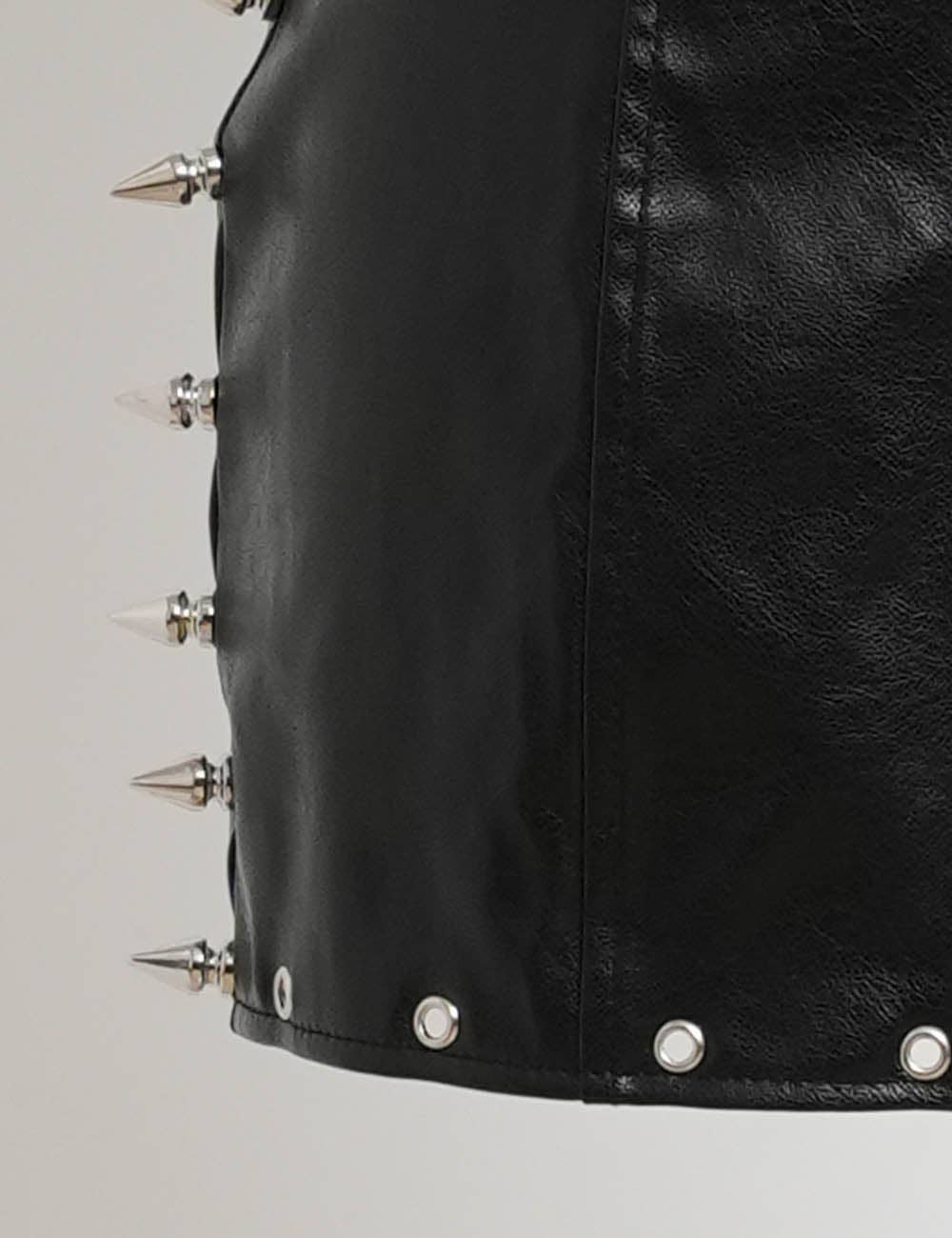 Ladies Metal Eyelet Stud Solid Color Faux Leather Mini Skirt