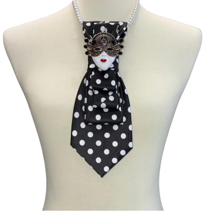 Custom Necktie Necklace - Black White Dot w Mask Brooch 