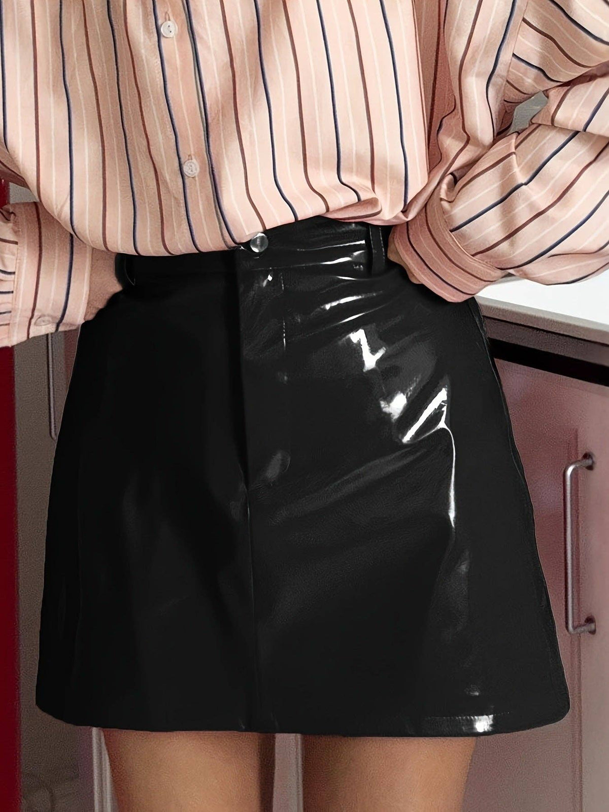 Red PU Leather Bodycon Mini Skirt Trendy Casual