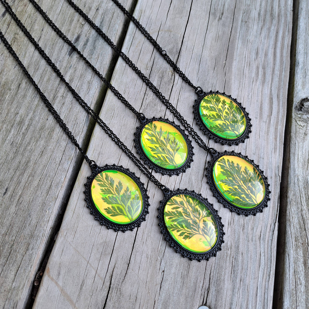 Green Holographic Pressed Fern Necklaces