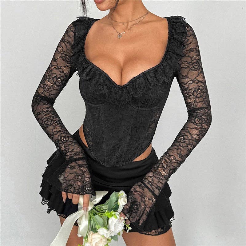 Solid Color Slim Fit Lace Underwire Corset Top