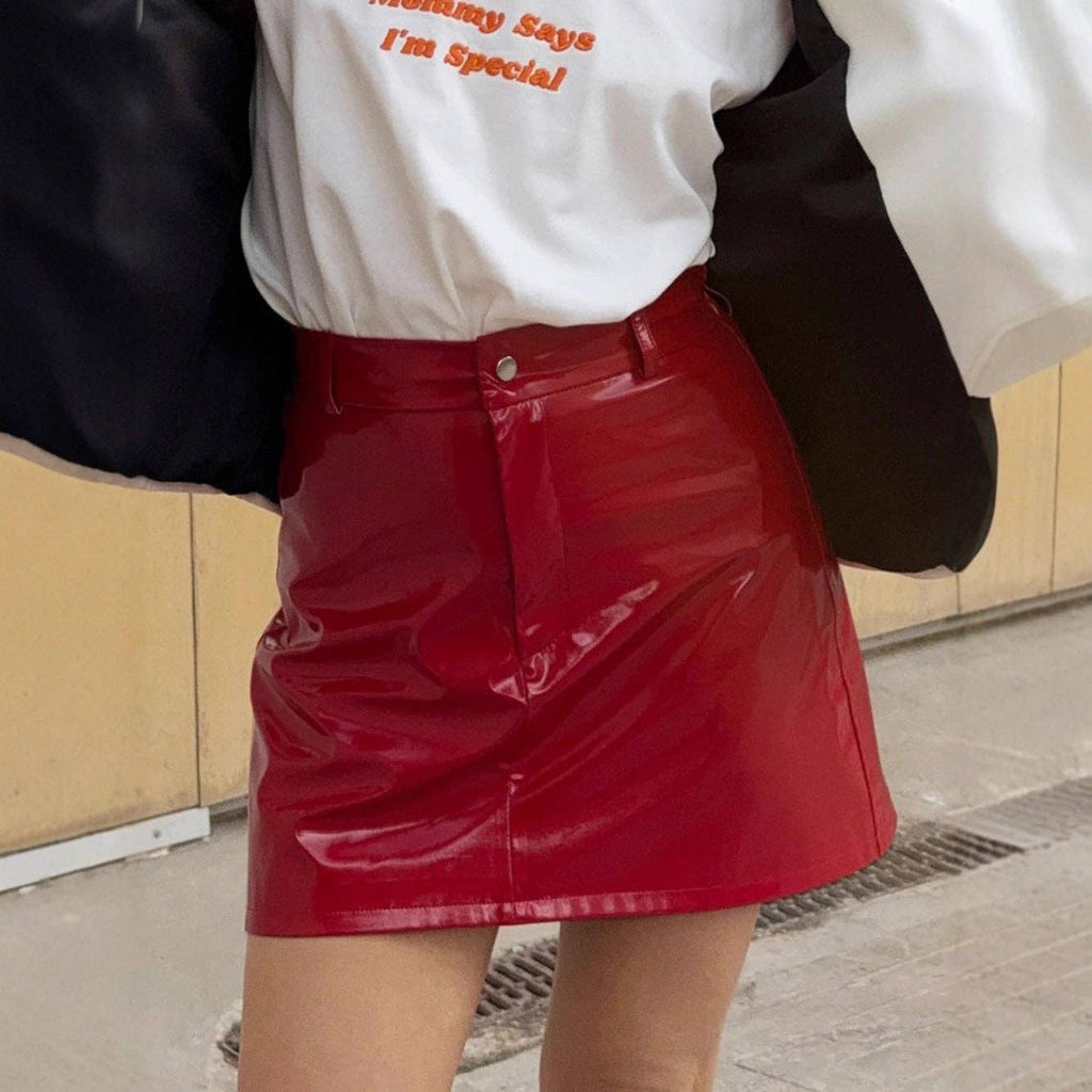 Red PU Leather Bodycon Mini Skirt Trendy Casual