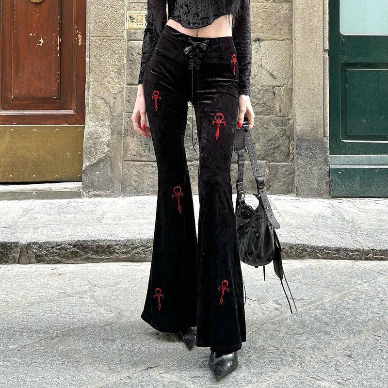 Women Fashion Casual Gothic Cross Embroidered Pants
