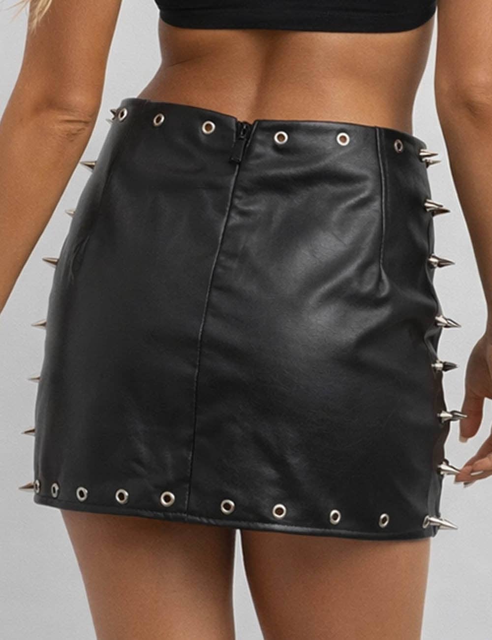 Ladies Metal Eyelet Stud Solid Color Faux Leather Mini Skirt