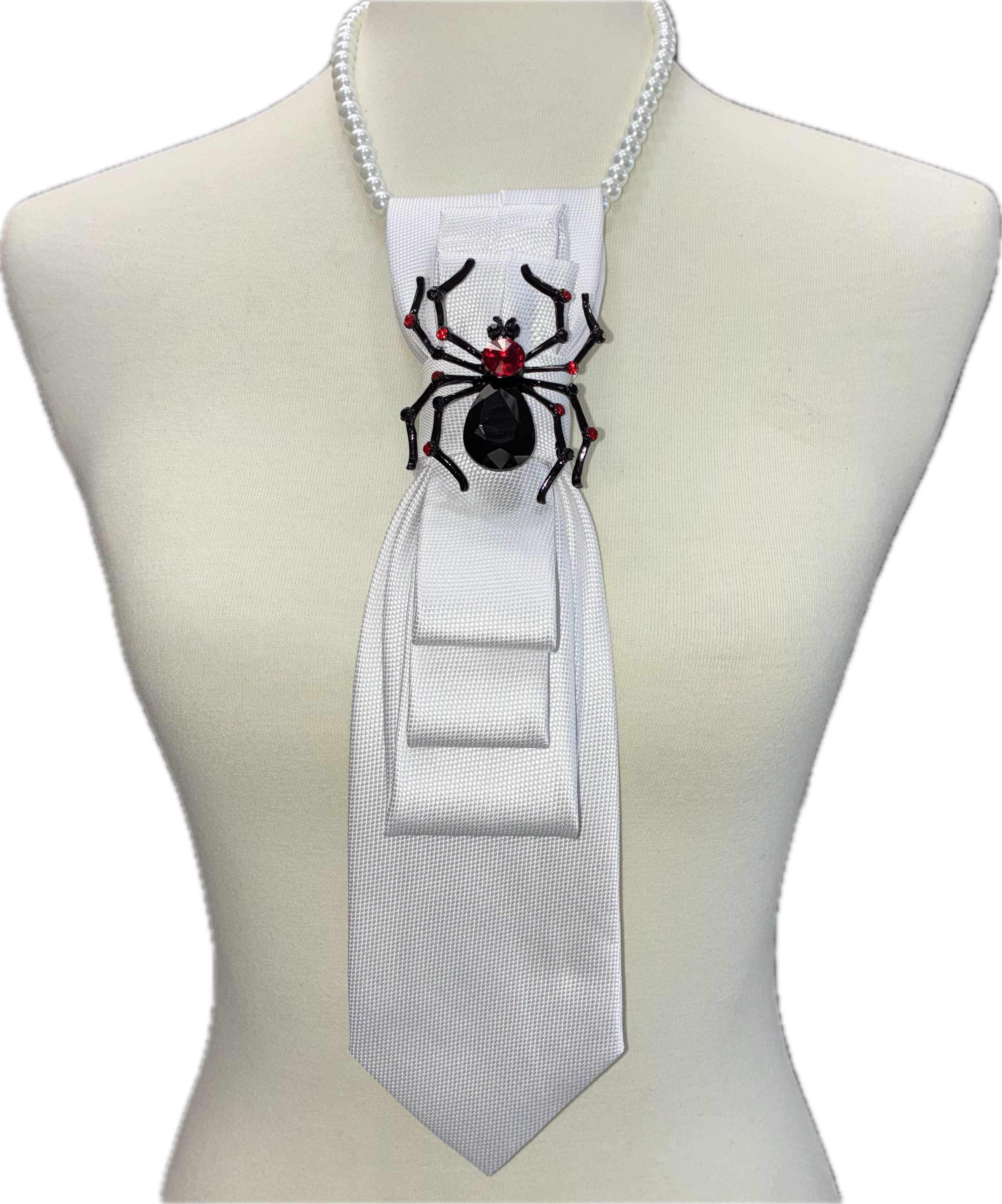 Custom Necktie Necklace - White Textured with Black Spider 
