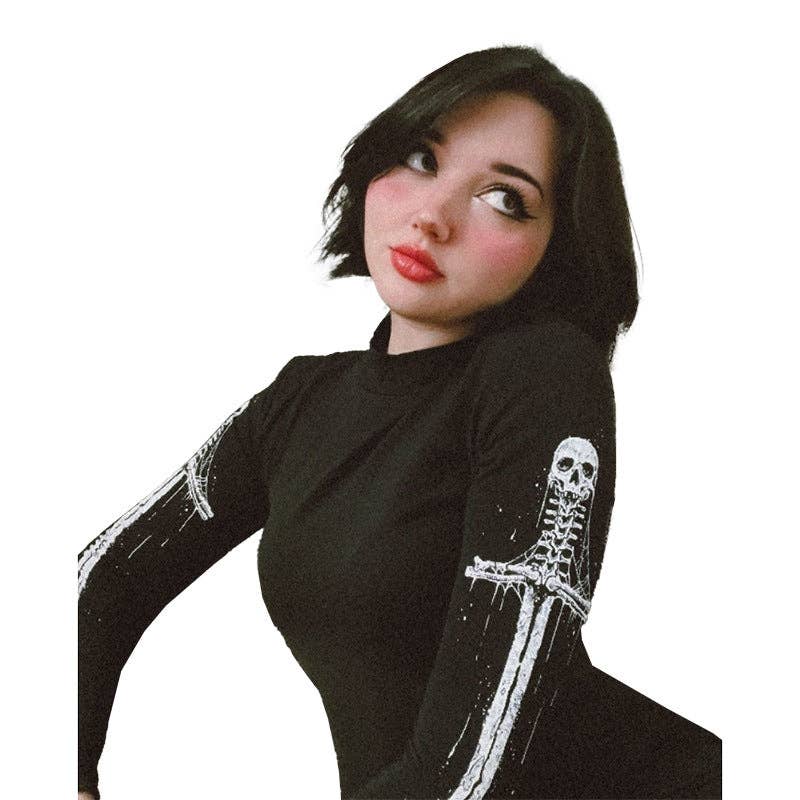 Skeleton Sword Print Long Sleeve Mini Dress for Casual Wear