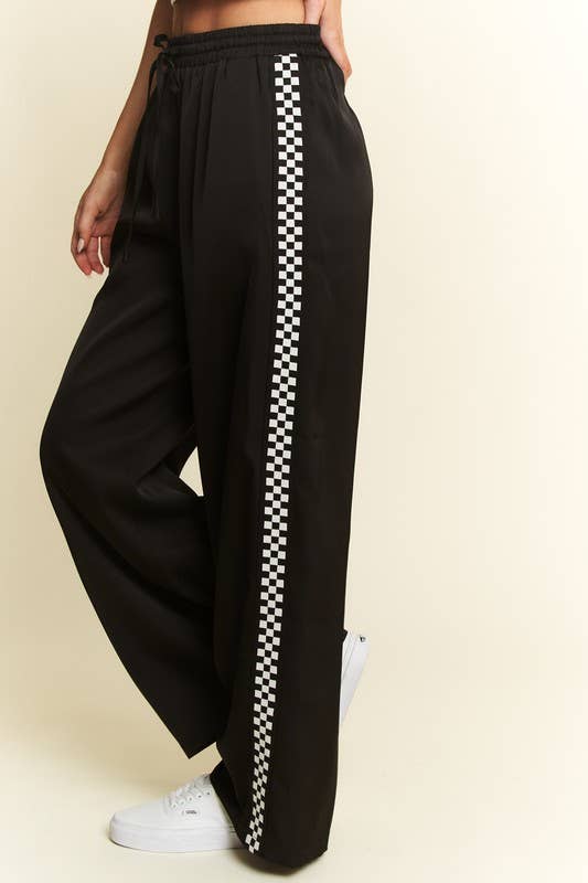 SOLID SATIN SWEATPANTS WITH SIDE CHECKERBOARD TAPE
