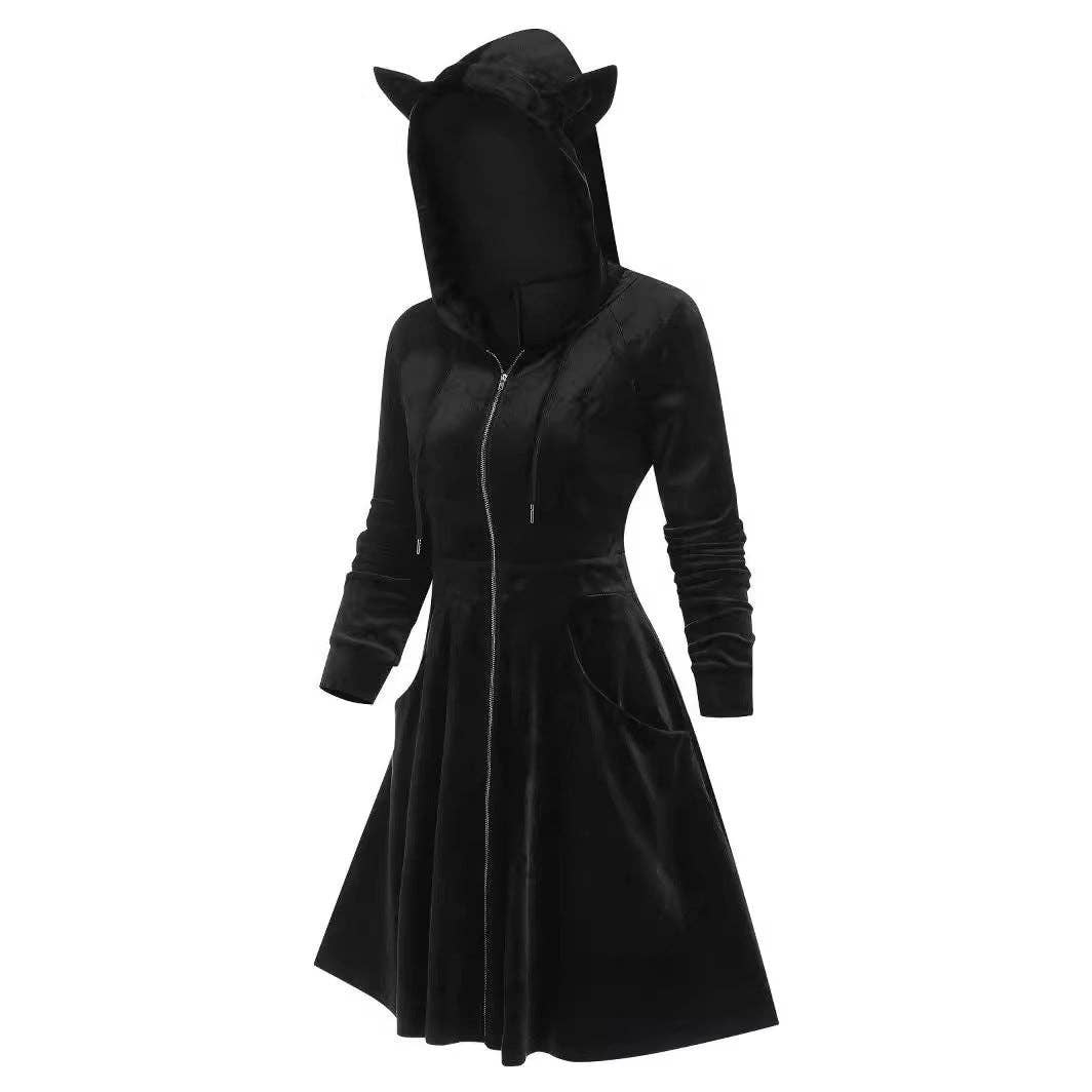 Gothic Velvet Stitching Long-Sleeve Hooded Dress